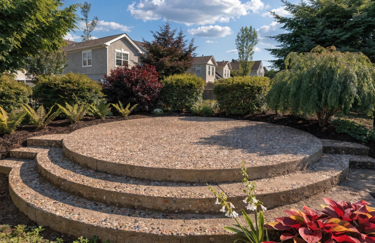 a-freshly-completed-exposed-aggregate-concrete-pat Exposed aggregate concrete patio slab in Bendigo backyard with garden surrounds