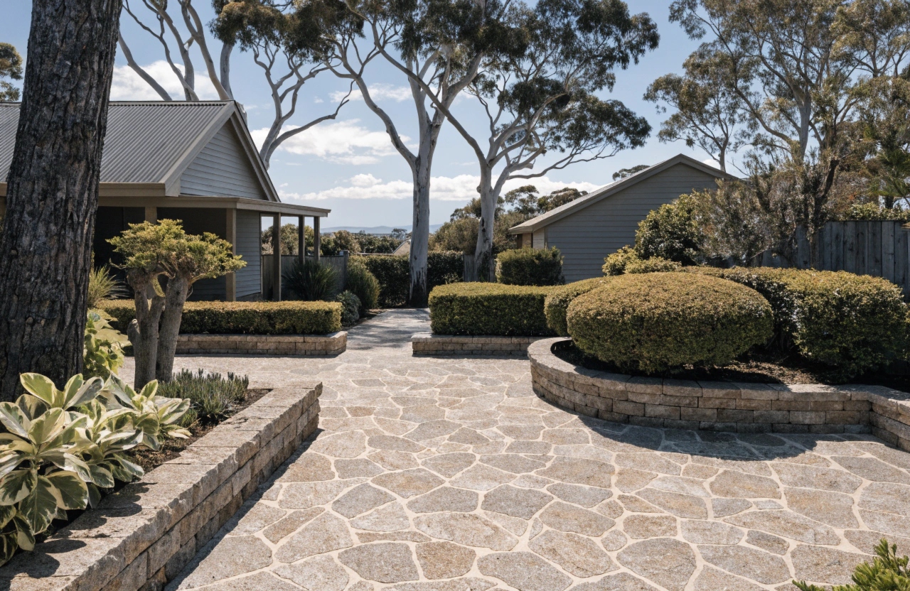 Stamped concrete patio slab with stone pattern finish in Australian residential backyard