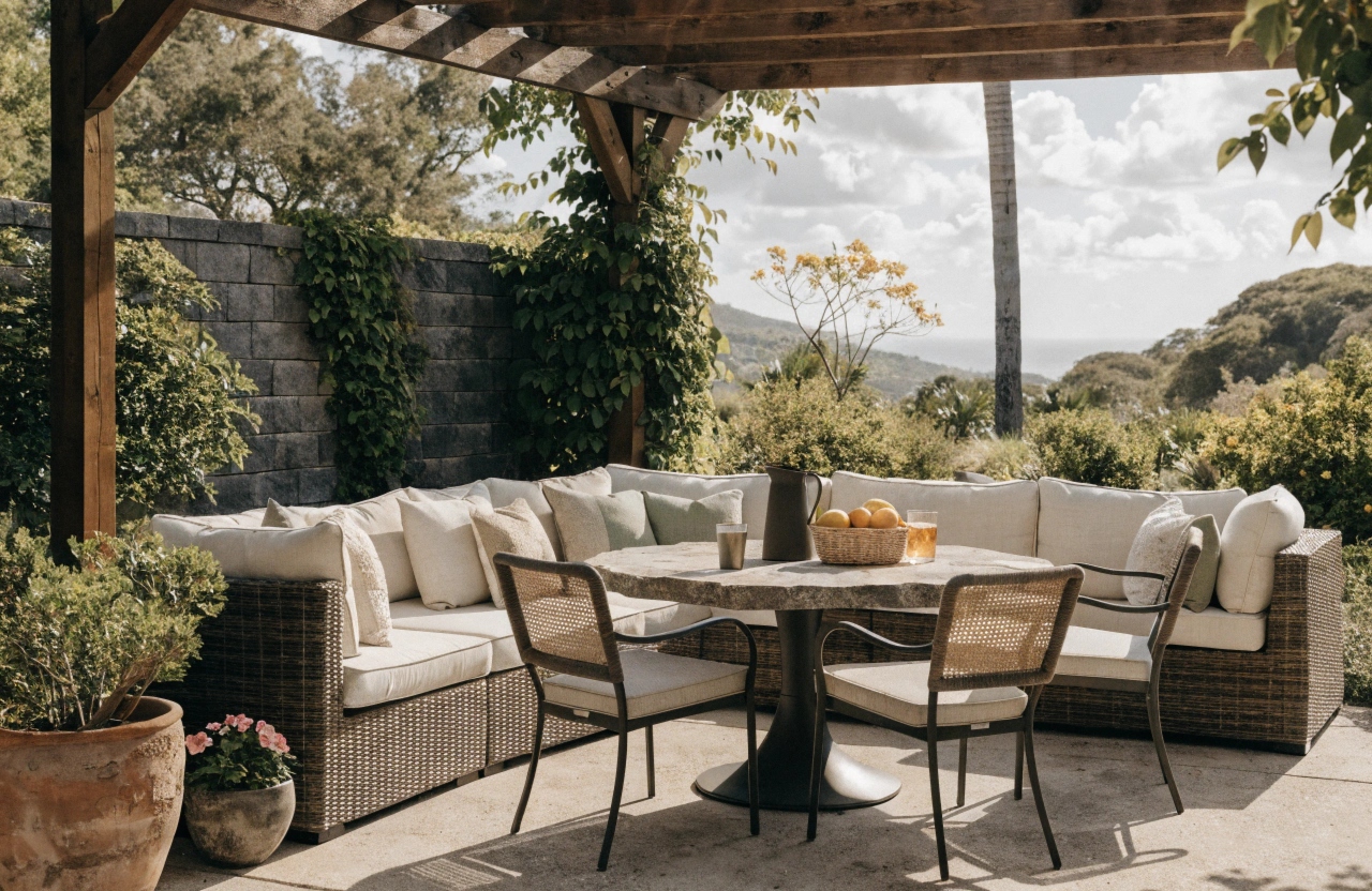 Concrete patio slab with timber pergola and outdoor dining area in Bendigo home